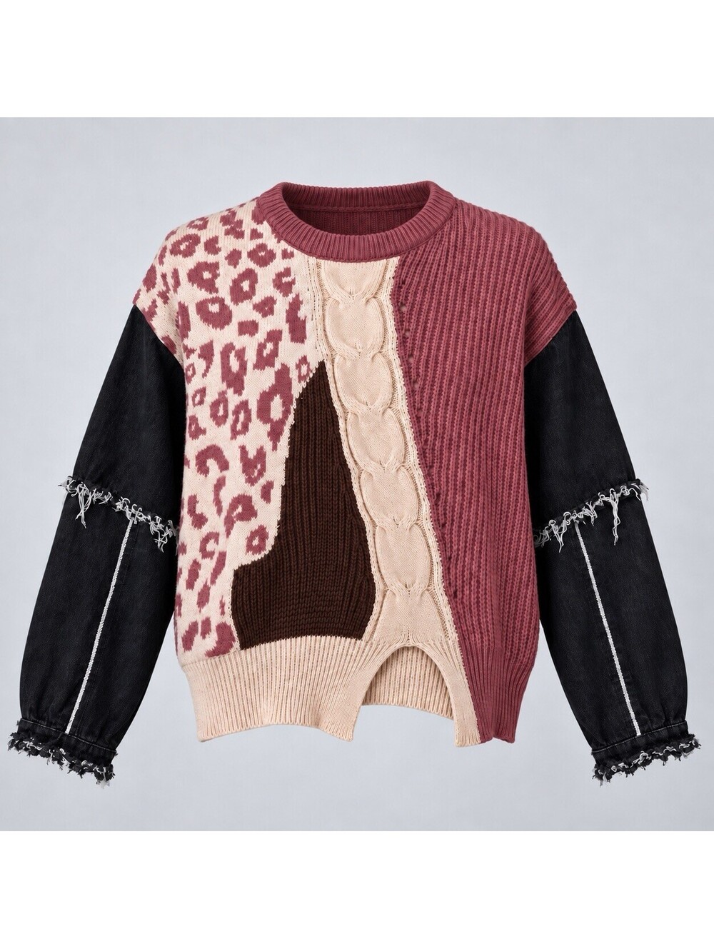 NWT BiBi Women’s Large Mauve Leopard Patchwork Cable Knit Denim Sleeve Sweater